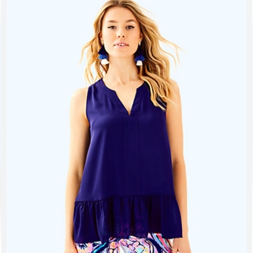 Lilly Pulitzer Gramercy Blouse Top in True Navy Size Large Peplum Style
